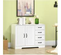 Buffet Bas Blanc 2 Portes 4 Tiroirs, Sideboard Homcom, Pour Salon Et Salle A Manger, Avec Etagere Reglable, 105x40x76cm