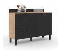 Buffet bas casserolier de cuisine 120 CM CINA plan de travail H.83 cm 1 porte + 3 tiroirs façon hêtre et noir Noir G