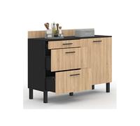 IDMarket - Buffet Bas casserolier de Cuisine 120 cm CINA Plan de Travail H.83 cm 1 Porte + 3 tiroirs Noir et façon hêtre