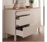 Buffet bas casserolier de cuisine 120 cm CLAUDE plan de travail effet bois H.83 cm 1 porte + 3 tiroirs beige
