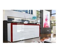 Buffet bas contemporain laqué blanc/bordeaux - Meuble de séjour - 2 portes - 4 tiroirs