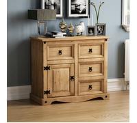 Buffet bas Corona 1 porte 4 tiroirs en pin massif, finition cirée - Table, armoire, meuble de rangement