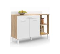 Buffet bas de cuisine 120 cm CINA plan de travail H.83 cm 2 portes + tiroir façon hêtre et blanc