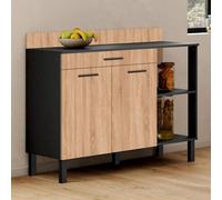 Buffet Bas De Cuisine 120 Cm Cina Plan De Travail H.83 Cm 2 Portes + Tiroir Noir Et Façon Hêtre Noir