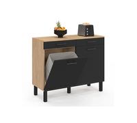 IDMarket - Buffet Bas de Cuisine avec Espace Poubelle 100 cm CINA Plan de Travail H.83 cm 2 Portes + tiroirs façon hêtre et Noir