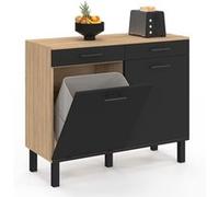 IDMarket - Buffet Bas de Cuisine avec Espace Poubelle 100 cm CINA Plan de Travail H.83 cm 2 Portes + tiroirs façon hêtre et Noir