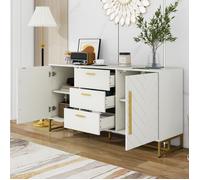 Buffet bas de cuisine, meuble avec 2 portes et 3 tiroirs, étagères réglables, poignées dorées, 145×40×75 cm, MDF, blanc