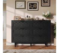 Buffet Bas de Salle à Manger en Bois et Noir, Bahut De Salle a Manger Moderne avec 6 tiroirs Buffet Bas Meubles De Rangement pour Salon Commode Basse Bahut De Salle a Manger pour Cuisine Couloir