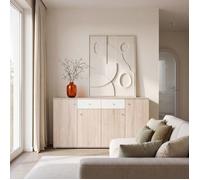 Buffet bas - Décor Chêne et blanc mat - 4 portes + 2 tablettes + 2 tiroirs - L 159 2 x P 31 1 x H 81 7 cm