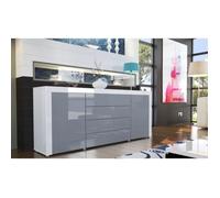 Buffet bas - Design laqué blanc / gris - 2 portes - 4 tiroirs - Coulisses télescopiques en métal
