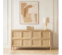 Buffet bas en panneaux de particules finition chêne clair, 160x40x80 cm, style scandinave moderne, 2 compartiments avec ouverture