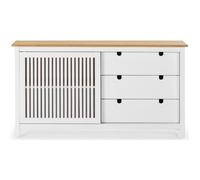 Buffet bas en pin massif décor ciré chêne et blanc, meuble de rangement - Longueur 150 x Profondeur 40 x Hauteur 80 cm