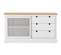 Buffet bas en pin massif décor ciré chêne et blanc, meuble de rangement - Longueur 150 x Profondeur 40 x Hauteur 80 cm