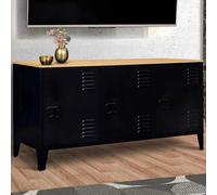 IDMarket – Buffet bas Ester 113 cm – 3 portes métal noir, plateau bois design industriel