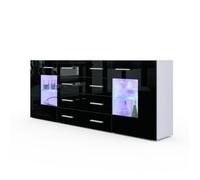 Buffet bas - Grömitz V2 - Blanc mat / Noir laqué - 2 portes vitrées - 4 tiroirs