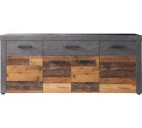 Buffet bas INDY 4 Portes et 1 Tiroir - Mélaminé bois vieilli et gris mat - L 178 x P 40 x H 77 cm