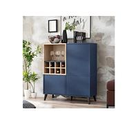 Buffet Bas Komodee FONDI, Avec Casier a Vin, Bleu, Bois Clair, 90 x 35 x 102 cm