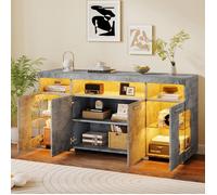 Buffet Bas LED- 140cm - Style Industriel Effet Béton - Enfilade avec Portes Vitrées - Gris Ciment