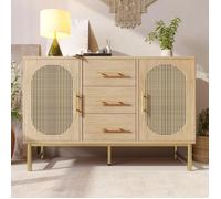 Buffet bas - LEYTN - 120x40x74cm - 3 tiroirs - 2 portes en rotin - Chêne contemporain