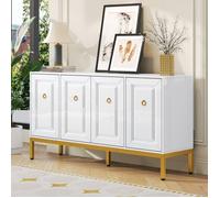 Buffet bas Maisentiel blanc laqué 140x40x80 cm, pieds métalliques dorés, poignées anneau dorées, MDF et panneaux