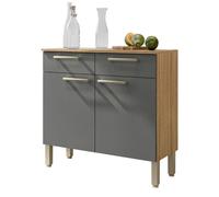 Buffet Bas Meuble Cuisine 2 Portes 2 Tiroirs Chêne et Gris 2 Niches 91 cm - L 90.9 x l 36.3 x H 86 cm