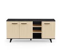 Buffet bas meuble de rangement 3 portes 3 niches couleur chêne / anthracite - Largeur 160,7 x Profondeur 43,9 x Hauteur 73,3 cm