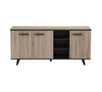 Buffet bas meuble de rangement 3 portes couleur chêne / noir mat - Largeur 160,7 x Profondeur 43,9 x Hauteur 73,3 cm