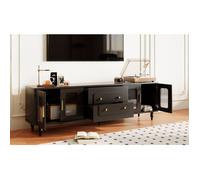 Buffet bas, meuble TV de style rétro : poignées dorées, beaucoup d'espace de rangement. Avec porte en verre et pieds en bois massi