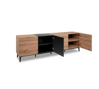 Buffet Bas / Meuble TV NOLA - Décor chêne et noir - 4 portes - L 200 x P 42 x H 65 cm