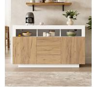 Buffet bas moderne 140x40x85 cm, 3 tiroirs 2 portes, rangement salon, effet bois naturel et blanc, panneau de particules