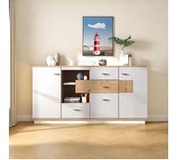 Buffet Bas - Novélys - 160cm - LED RGB & 4 Tiroirs - Style scandinave, Décor Chêne et Blanc