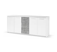 Buffet bas - Panneaux de particules - Blanc et décor gris béton - 4 portes + 3 tiroirs - L 179 x P 42 x H 74,5 cm