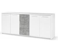 Buffet bas - Panneaux de particules - Blanc etReproduction gris béton - 4 portes + 3 tiroirs - L 179 x P 42 x H 74,5 cm