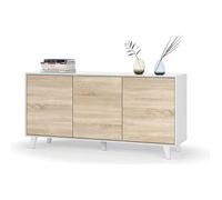 Buffet bas - PEGANE - Blanc brillant et chêne - 3 portes - 6 espaces de rangement