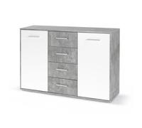 Buffet bas PILVI - 2 portes et 4 tiroirs - Blanc et béton clair - L 122,6 x P 34,2 x H 81,1 cm