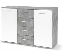 Buffet bas PILVI - 2 portes et 4 tiroirs - Blanc et béton clair - L 122,6 x P 34,2 x H 81,1 cm