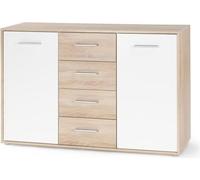 Buffet bas PILVI - 2 portes et 4 tiroirs - Blanc et chene sonoma - L 122,6 x P 34,2 x H 81,1 cm