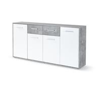 PILVI Buffet bas 4 portes 4 tiroirs - Blanc et beton gris clair - L 162,3 x P 34,2 x H 88,1 cm gris G