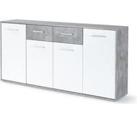 Buffet bas PILVI - 4 portes et 2 tiroirs - Blanc et béton clair - L 162,3 x P 34,2 x H 88,1 cm