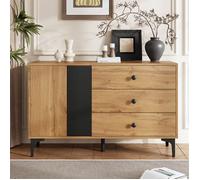 Buffet Bas Salle à Manger Bois Clair et Noir 120 cm avec Pieds en Métal, 3 Tiroirset Portes, Bahut pour Salon ou Séjour, Scandinave