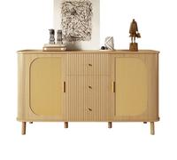 Buffet bas - SOGEU - Moderne ovale - Portes rotin - Tiroirs ondulés 3D - Pieds métal effet bois