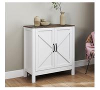 Buffet bas style Rustique | Portes grange | 80x35x85 cm | Couleur Blanc et Chêne Rustic | Finition mate | Bahut Rangement | Olivia