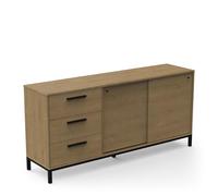 Buffet Bas Tendance 2 Portes Coulissantes & 3 Tiroirs - Style Industriel - Coloris Chêne Hamilton & Finitions Noir Mat - 181 x 86 x 45 cm
