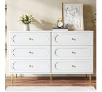 Buffet bas - URBANLUXE - Design ovale - 6 tiroirs - Blanc aspect bois - Pieds métal