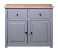 Buffet bas - VINGVO - SWT - Bois de pin massif - 2 tiroirs - 2 portes - Gris et couleur du bois naturelle