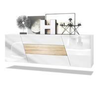 Buffet bas VLADON Houston - 2 portes, 3 tiroirs - Blanc mat, blanc brillant, chêne nature