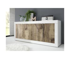 Buffet - BASICO - 4 portes - Blanc décor chêne Pero - 207 x 86 x 43 cm