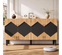 Buffet Bicolore Bois et Noir à Portes Push pour Salon, Salle à Manger | Quatre portes à ouverture par pression, motif losange en relief et cinq pieds métal surélevés pour un rendu sculpté