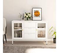Buffet blanc 105 x 35 x 70 cm en acier et verre trempé avec 2 étagères et 3 tiroirs pour espace de rangement, design élégant, construction robuste, rangement multimédia, pratique