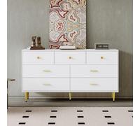 Buffet blanc, 7 tiroirs, poignées dorées, pieds dorés, guides de tiroir lisses, 140 x 35 x 76 cm, buffet de salle à manger, buffet, armoire de cuisine, armoire de rangement, commode